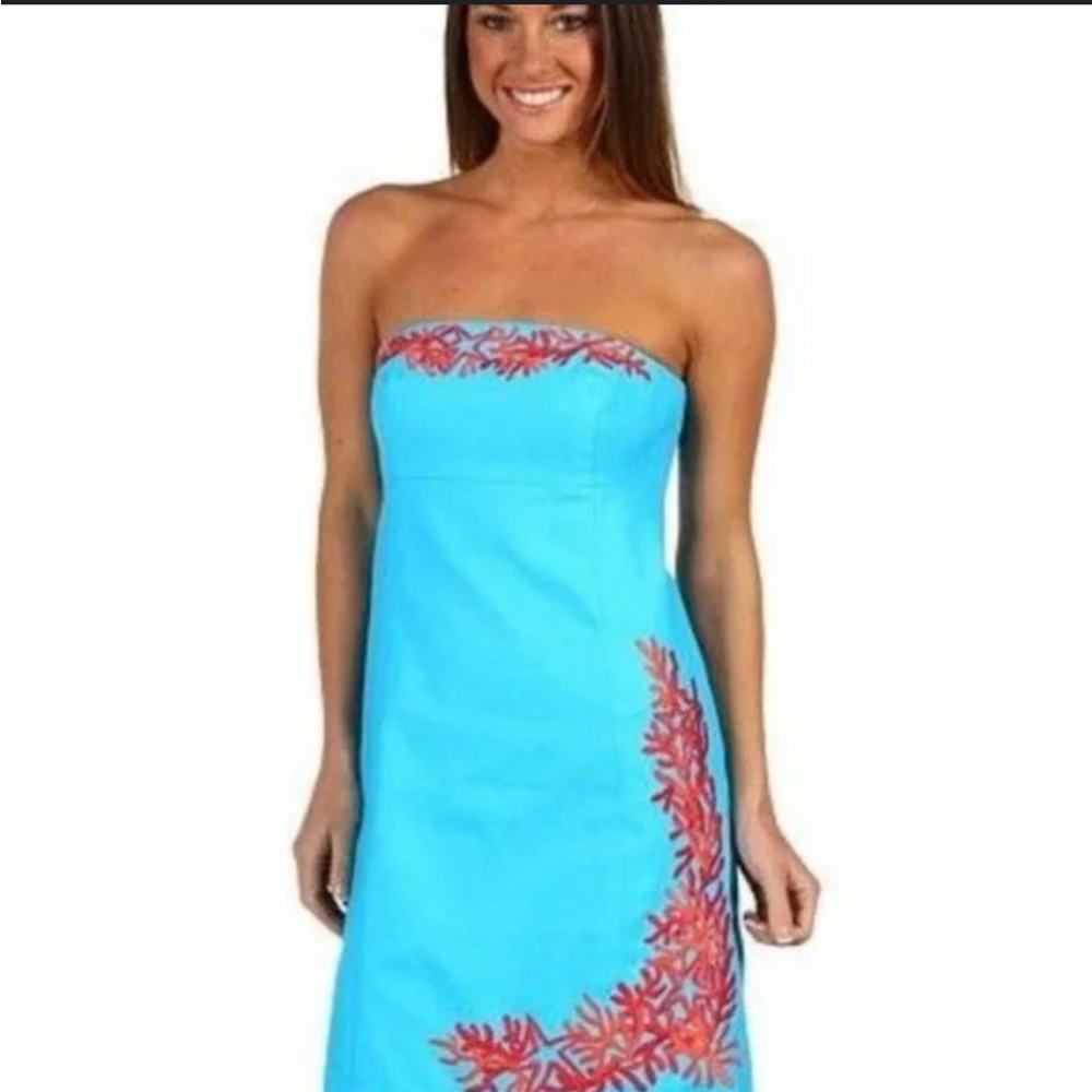 Lilly Pulitzer women’s size 0 strapless blue dress stitched orange red coral